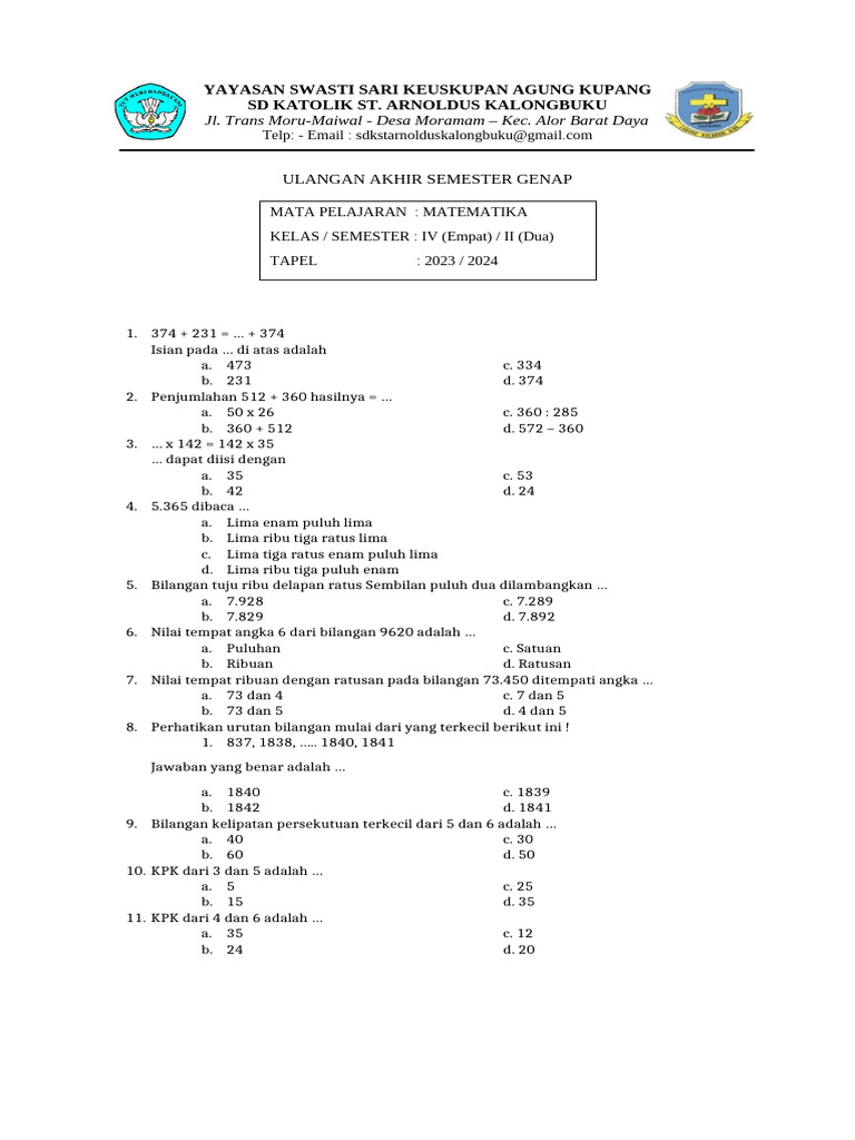 Soal UAS Matematika Kelas 4 Semester 2 | PDF
