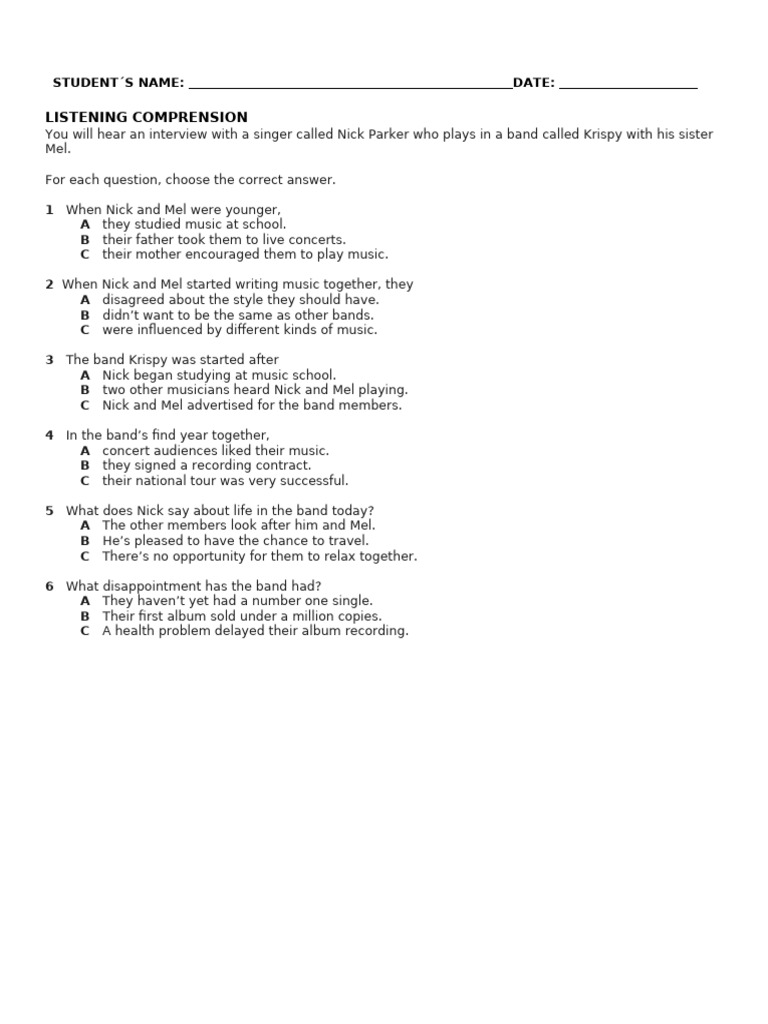 LISTENING COMPREHENSION An Interview With A Singer | PDF