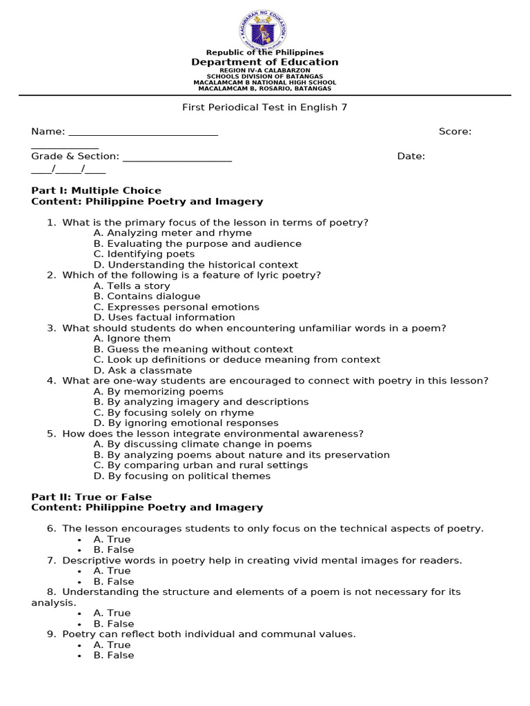 Grade 7 English 1st Quarter Test | PDF | Poetry
