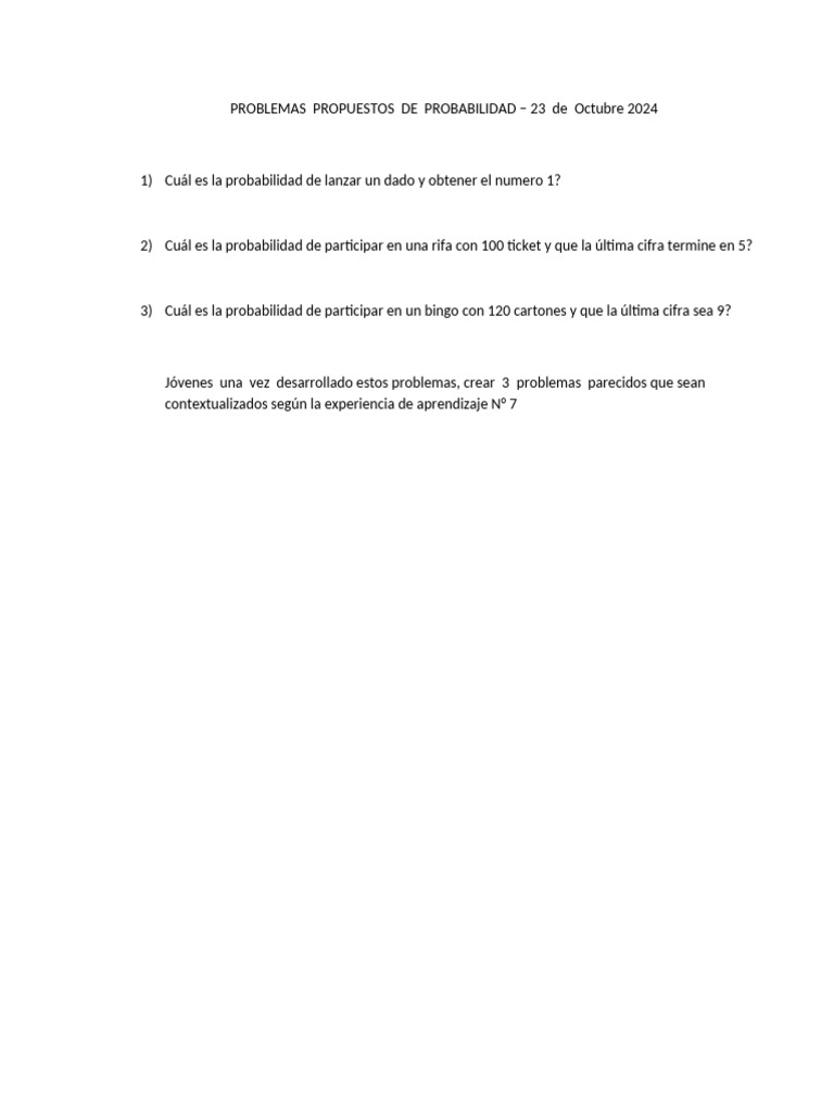 Problemas de Probabilidad Propuestos | PDF | Juegos y actividades ...