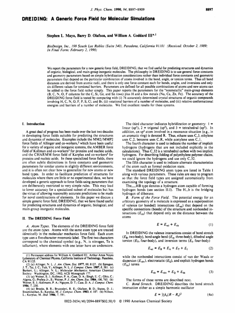 DREIDING Force Field for Molecular Simulations | PDF | Force Field ...
