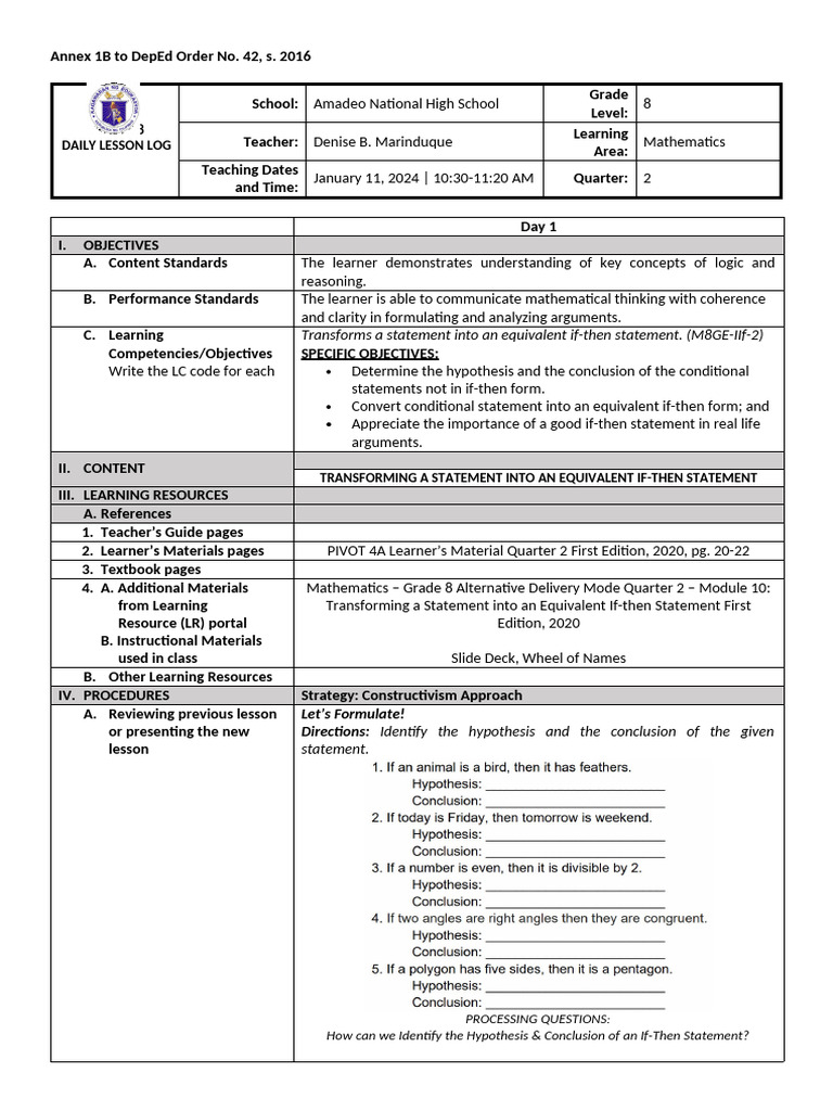 Grade 8 Math: If-Then Statements | PDF | Learning | Hypothesis