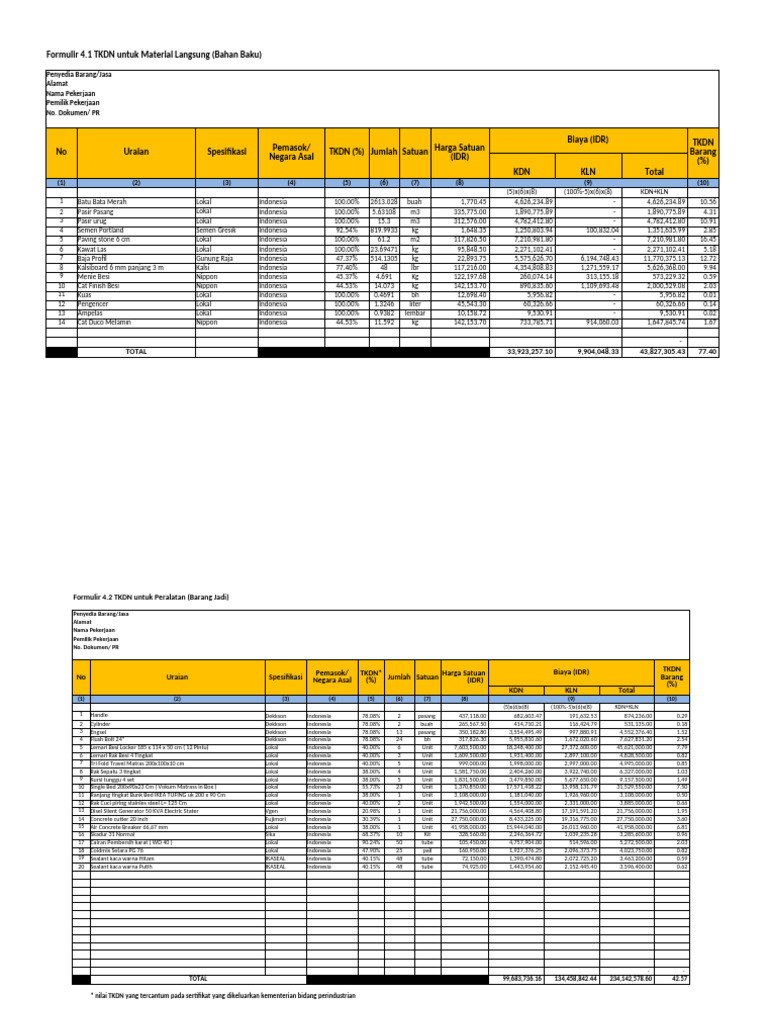 Formulir TKDN Material dan Peralatan | PDF
