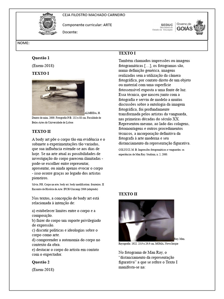 Atividade Arte 3º Ano | PDF | As artes