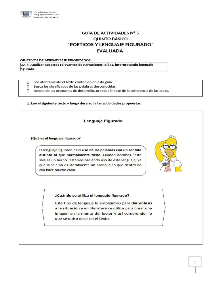 Actividades de Lenguaje Figurado 5° Básico | PDF | Artes del Lenguaje y ...