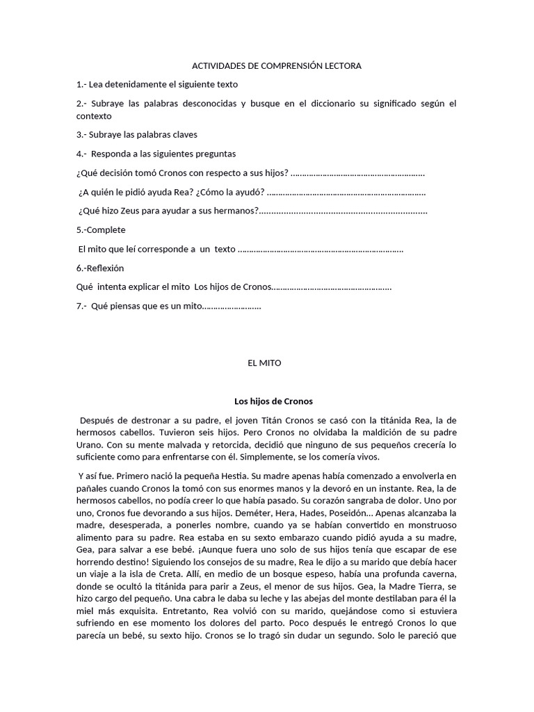 Actividades Sobre El Mito Pdf Deidades Griegas