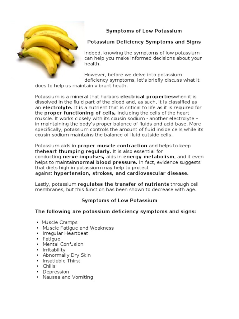 Symptoms of Low Potassium | PDF | Potassium | Diet &amp; Nutrition