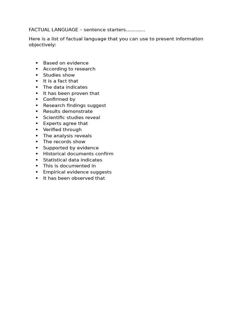 t1h1w2 Factual Language - Sentence Starters | PDF | Language Arts ...