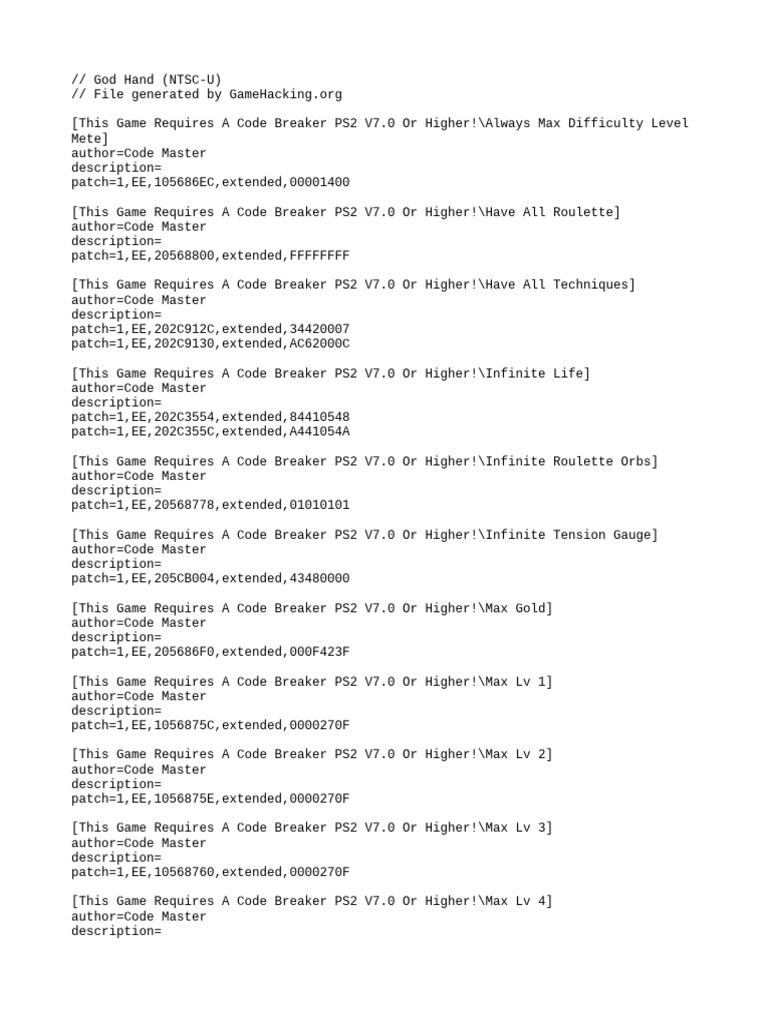 God Hand PNACH Codes for Code Breaker | PDF