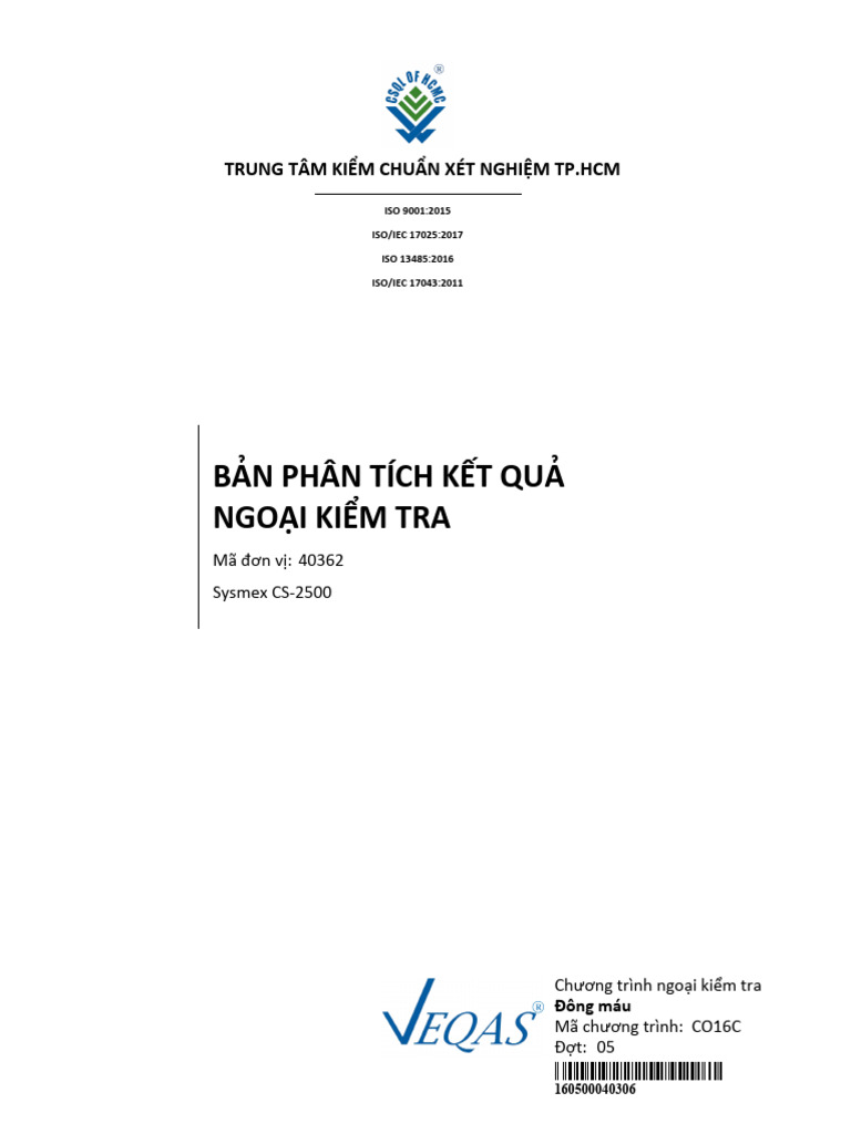 VEQAS - CO16C - 05 - 05-01 - 40362 - Sysmex CS-2500 - 1 | PDF