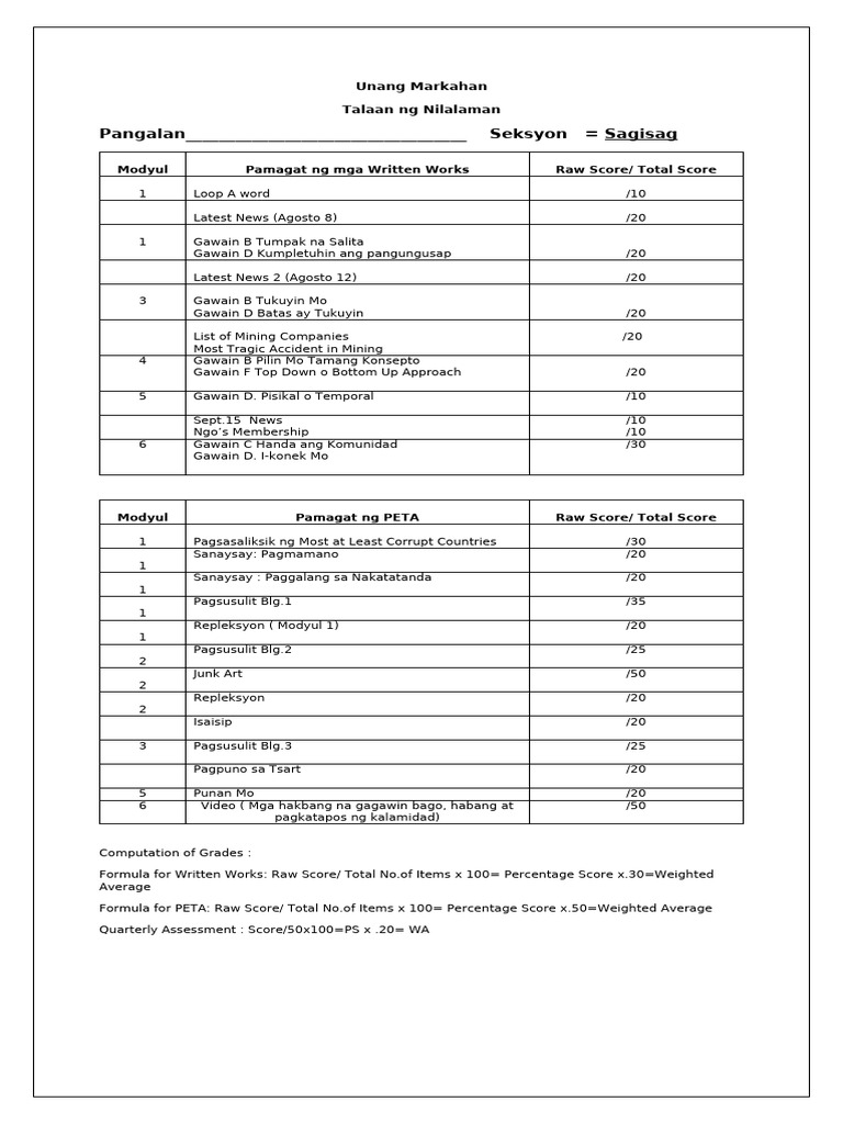 Template For First Grading Sagisag | PDF