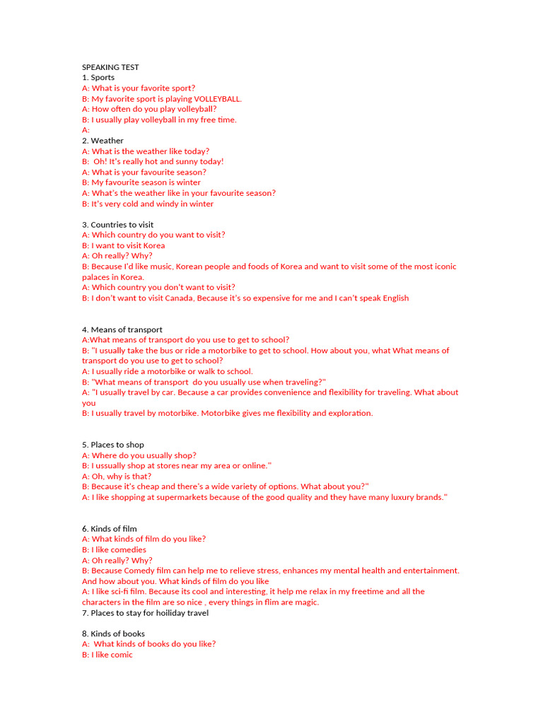 Speaking Test: Topics and Preferences | PDF | Housekeeping