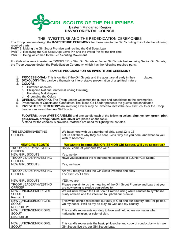 Girl Scout Investiture Ceremony Guide | PDF | Scouting