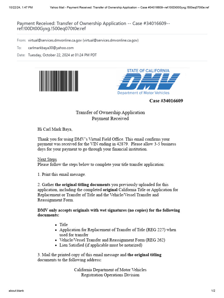 DMV Title Transfer Payment Confirmation | PDF | Department Of Motor ...