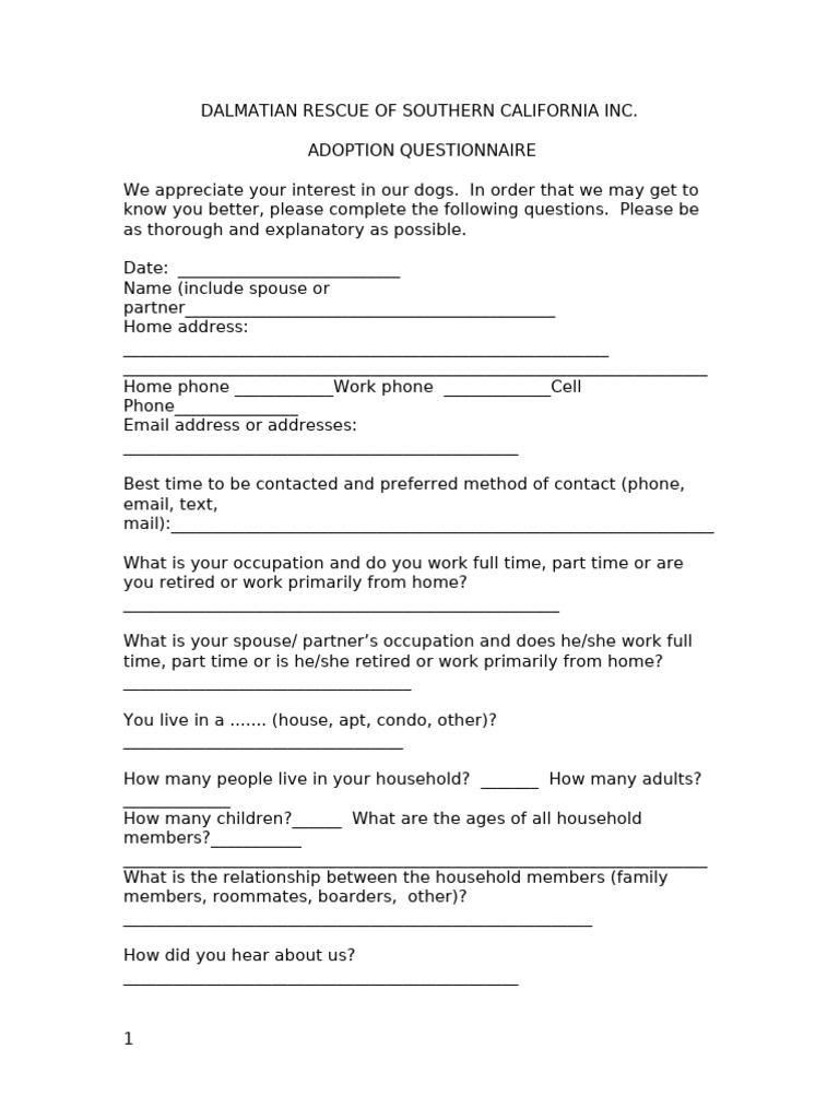 Adoptionquestionnairedalrescue 082521 | PDF | Dogs | Subspecies Of ...