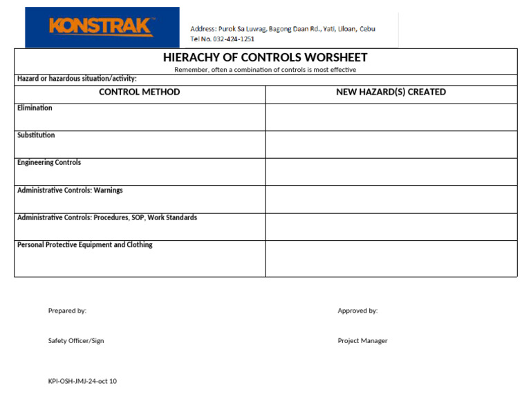 Hierarchy of Controls Worksheet | PDF