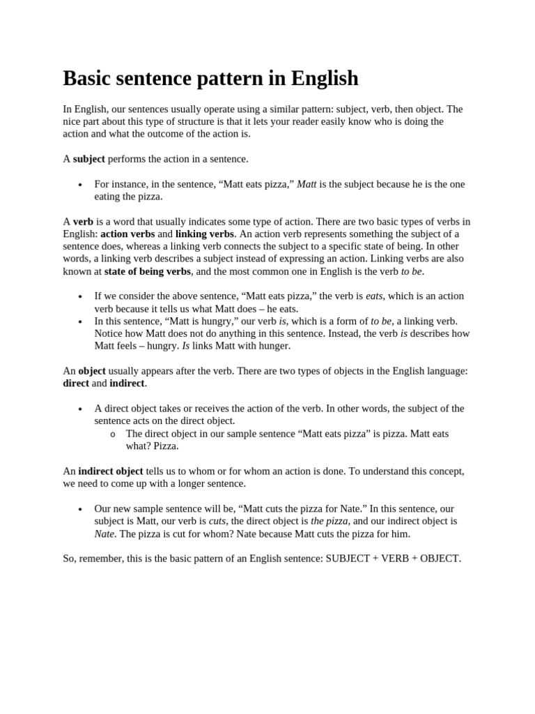 Basic sentence pattern in English | PDF | Subject (Grammar) | Sentence ...
