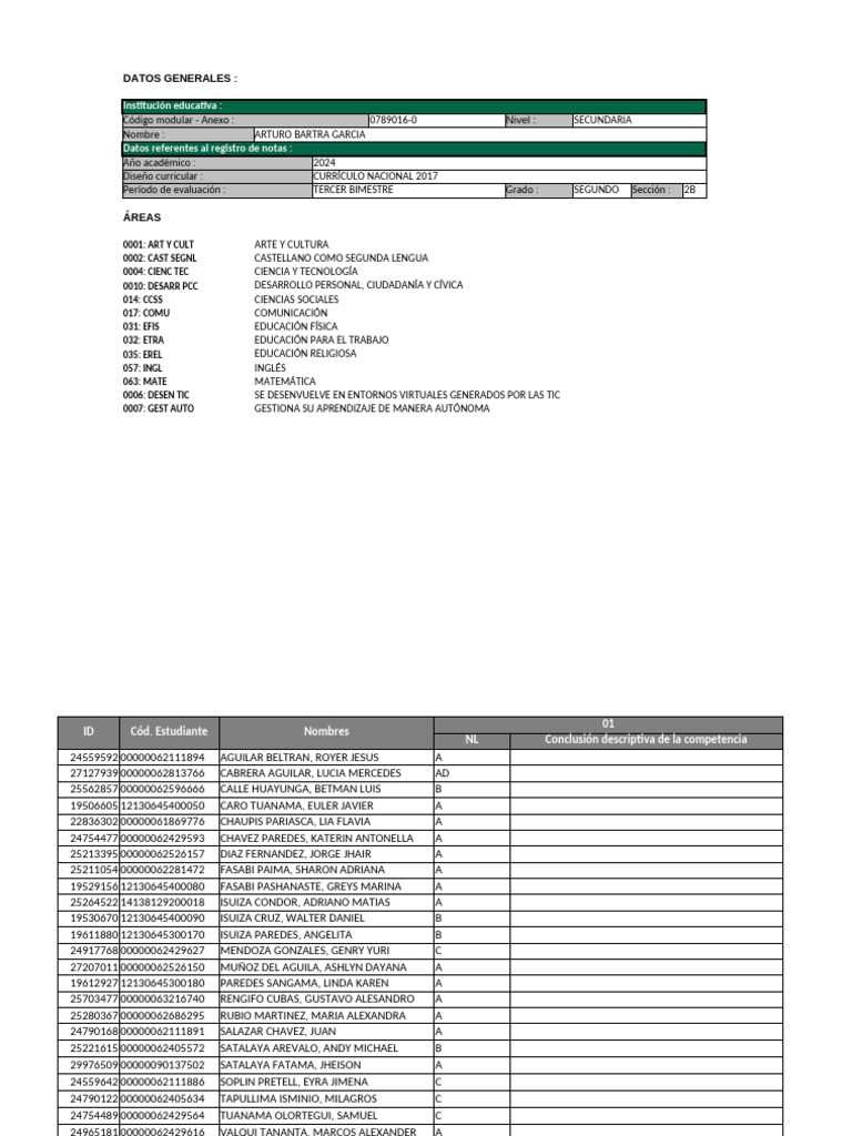 Registro de Notas Segundo Grado 2024 | PDF