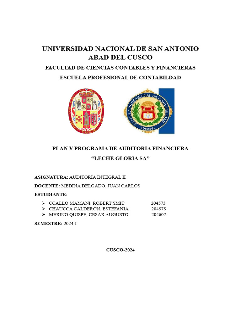Plan de Auditoría Financiera 2023 Leche Gloria | PDF | Auditoría ...