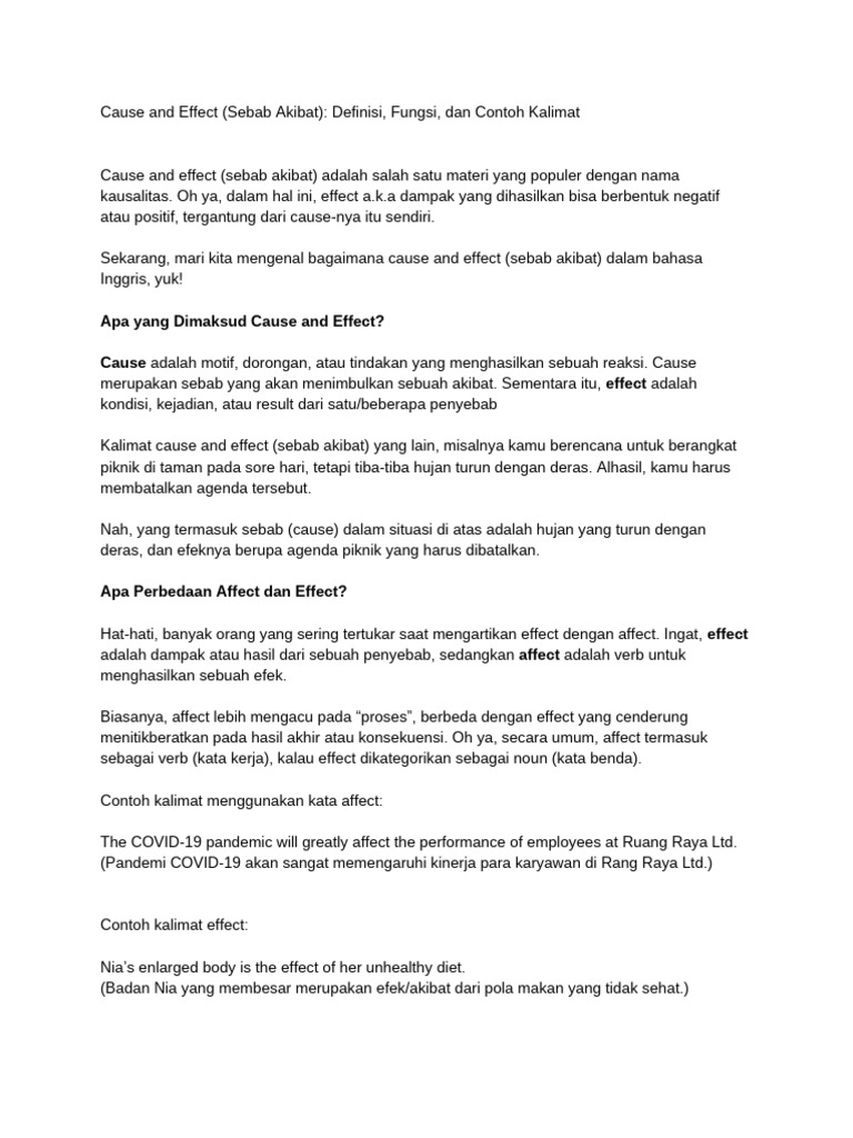 Cause Effect Definisi, Fungsi, Dan Contoh Kalimat PDF