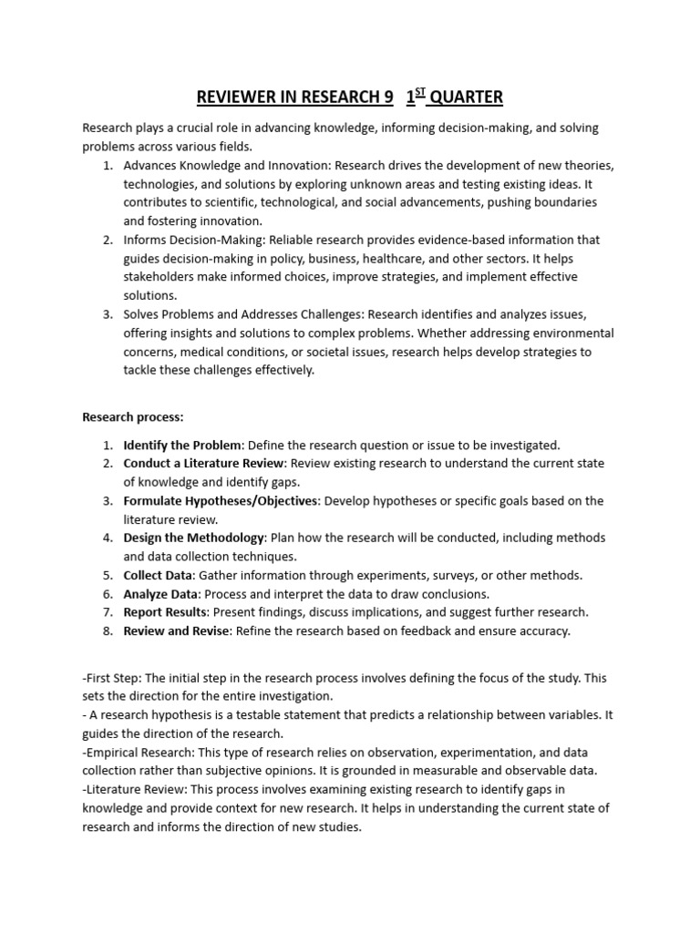 Research 9 First Quarter Reviewer | PDF | Experiment | Methodology