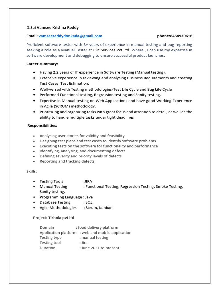 Manual Tester Resume - D. Sai Vamsee Krishna Reddy | PDF | Software ...