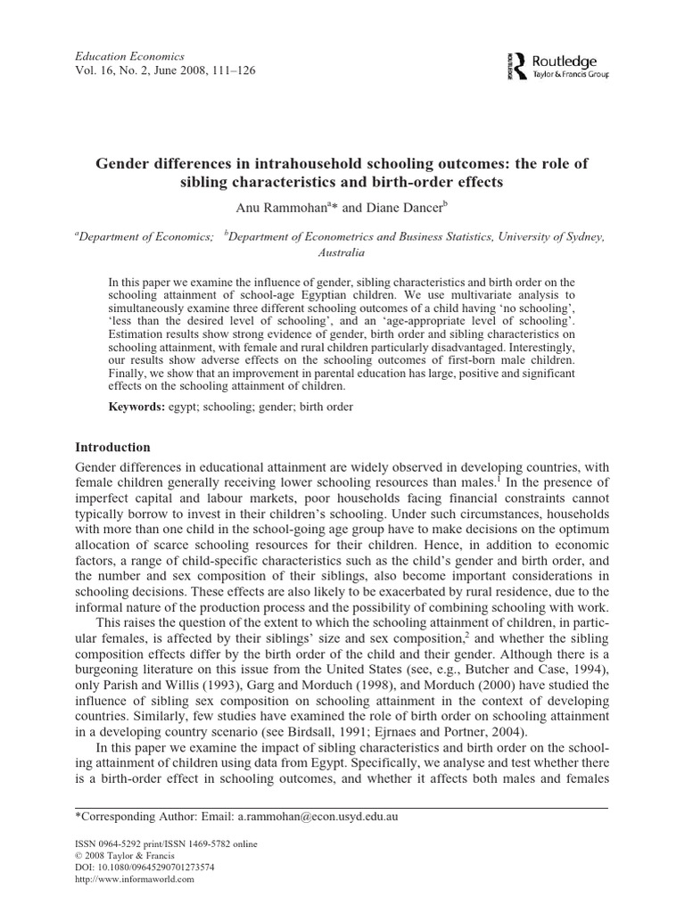 Gender and Birth Order in Egyptian Education | PDF | Odds | Sampling ...