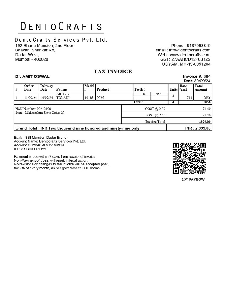 Dental Invoice for Patient Services | PDF
