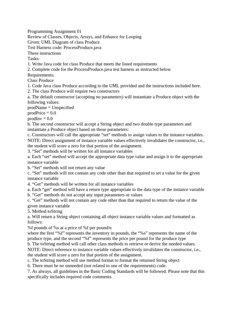 Write Java Code For Class Produce That Meets The Listed Requirements ...