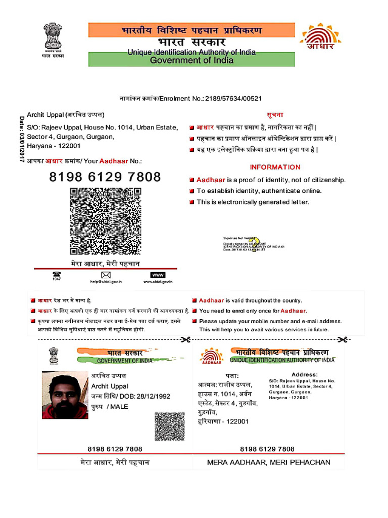 Aadhar Card Archit Uppal | PDF