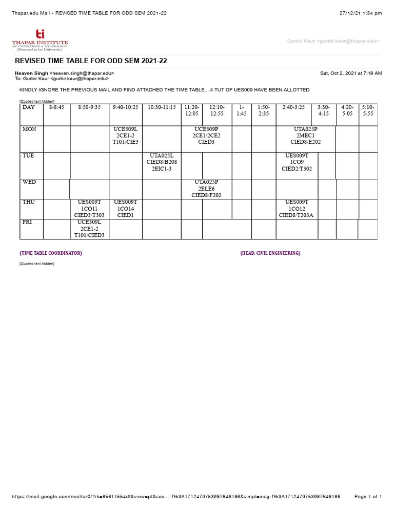 Time Table For Odd Sem 2021-22 | PDF