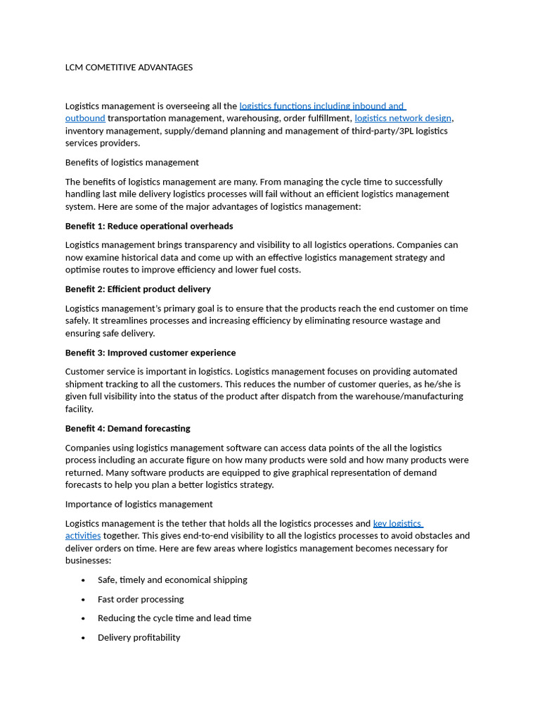 Key Benefits of Logistics Management | PDF | Logistics | Warehouse