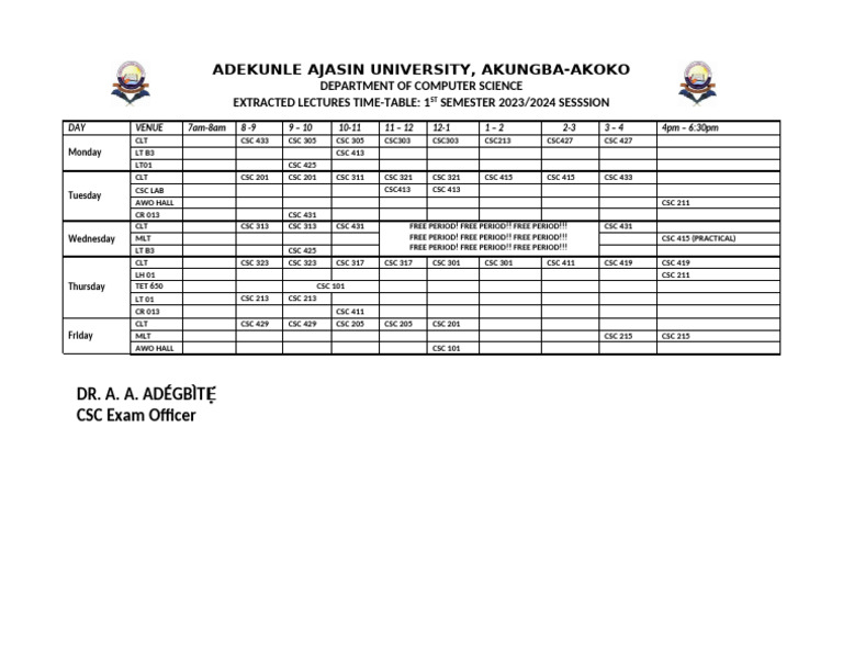 CSC ADJUSTED - Extracted Lecture Timetable 1ST SEM 2023-2024 Session | PDF