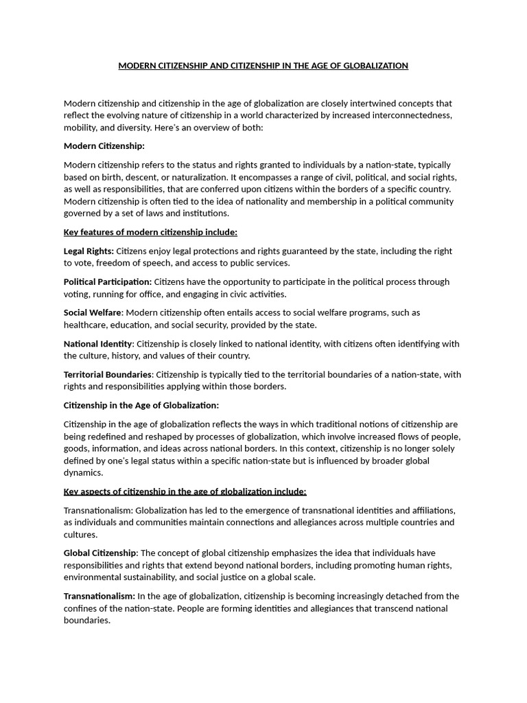Modern Citizenship And Citizenship In The Age Of Globalization Pdf