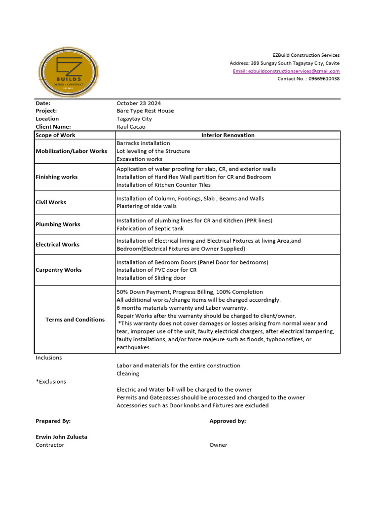 Tagaytay Rest House Renovation Proposal | PDF | Building Engineering