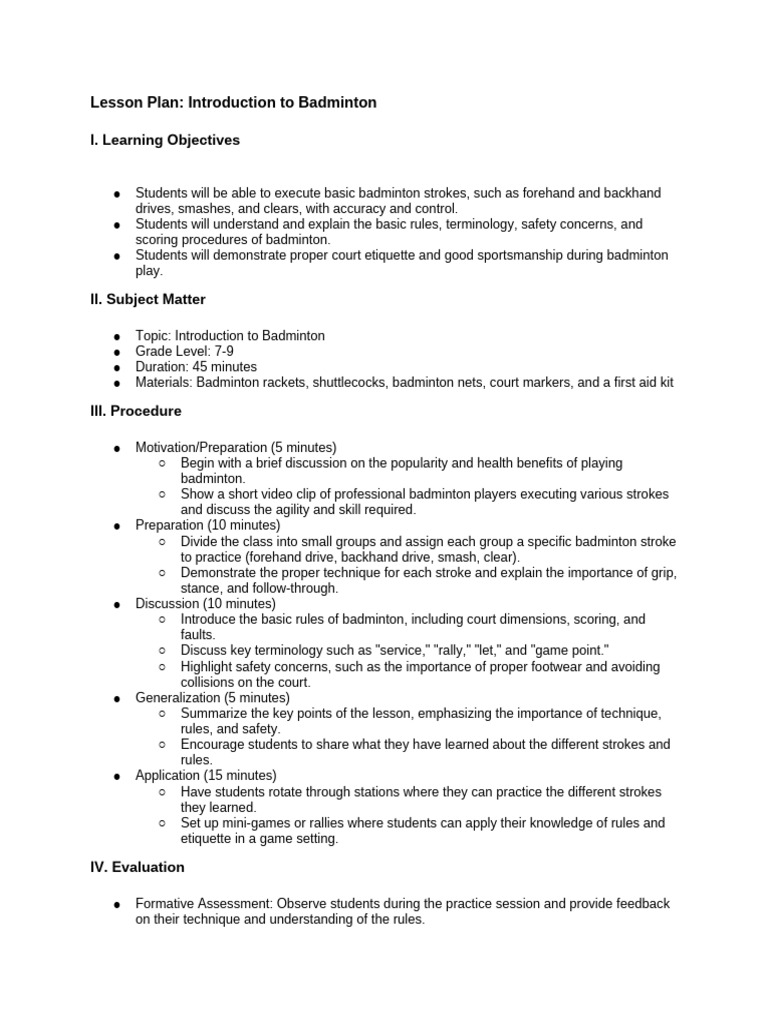Badminton Lesson Plan for Grades 7-9 | PDF | Cognition