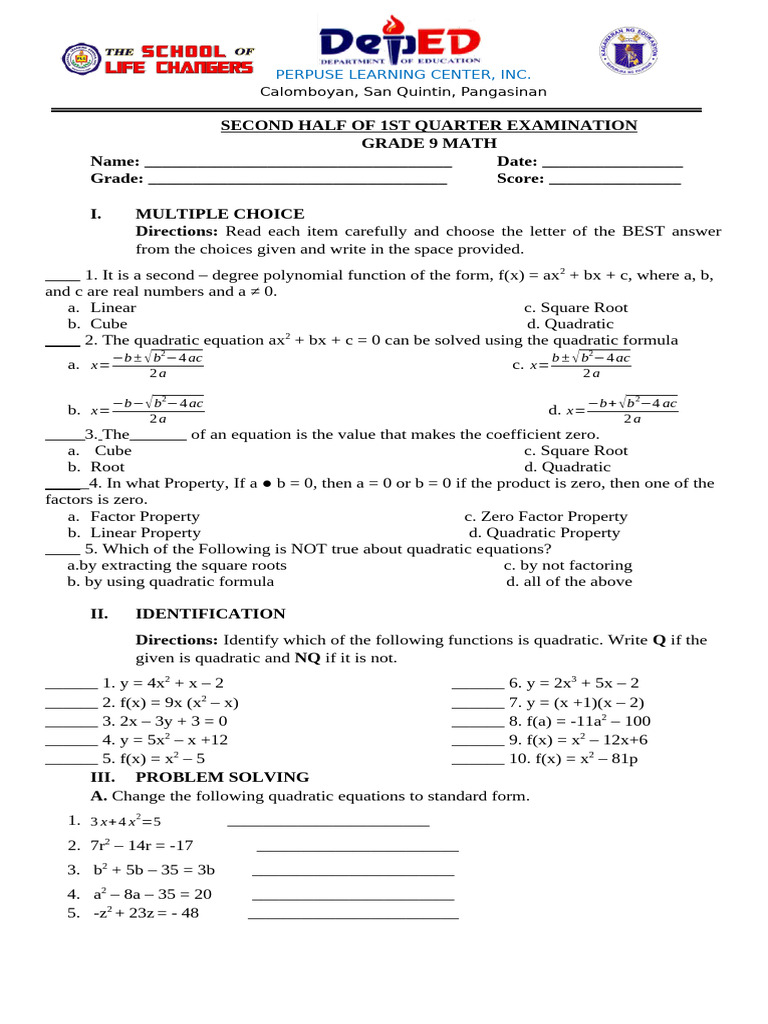 Grade 9 Math Exam: Quadratic Functions | PDF | Quadratic Equation ...