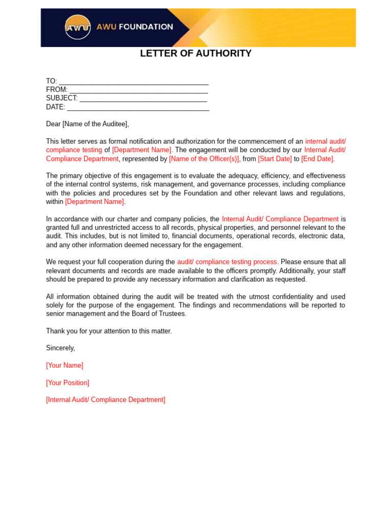 Internal Audit Authorization Letter | PDF