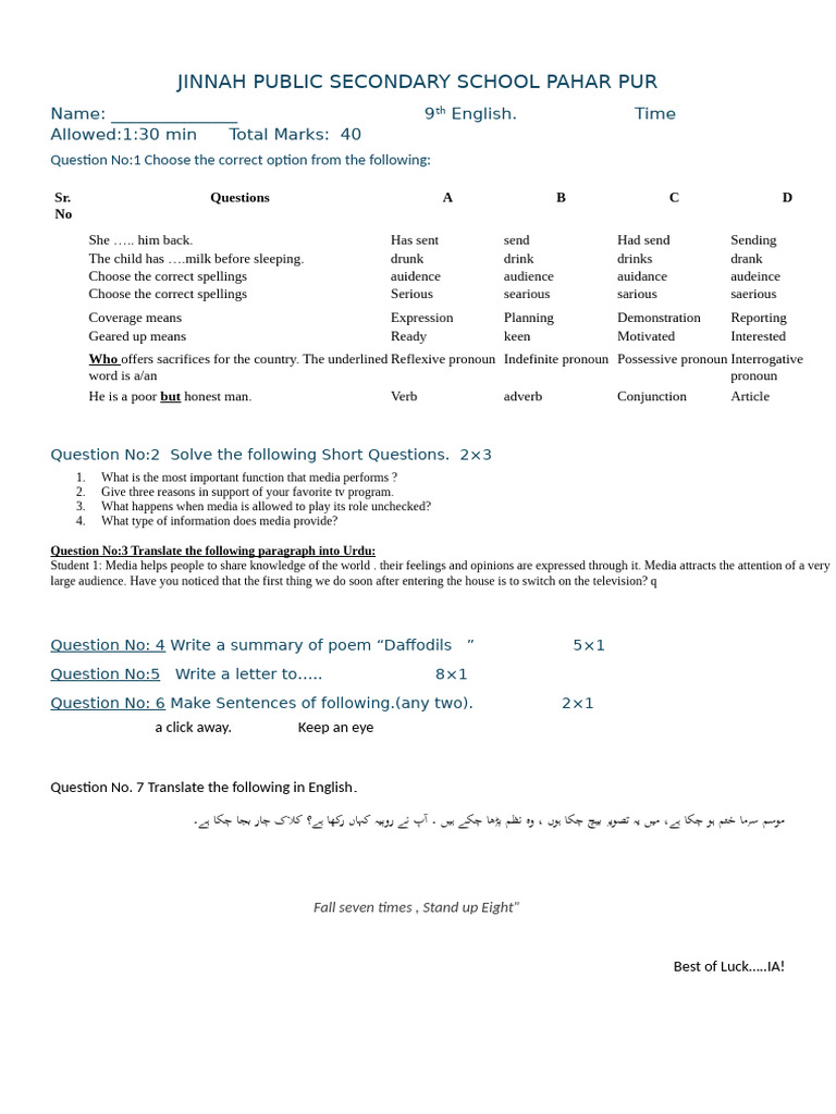 English Exam Paper for 9th Grade | PDF | Pronoun | Semantic Units
