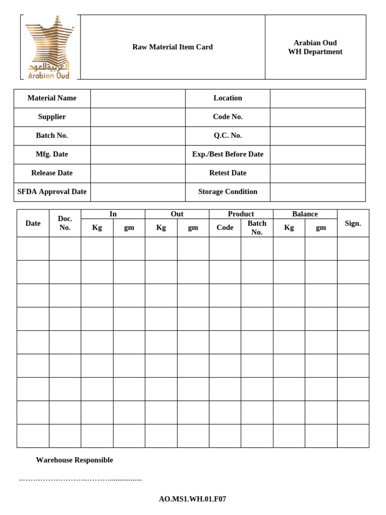 AO - MS1.WH.01.F07 Raw Material Item Card | PDF