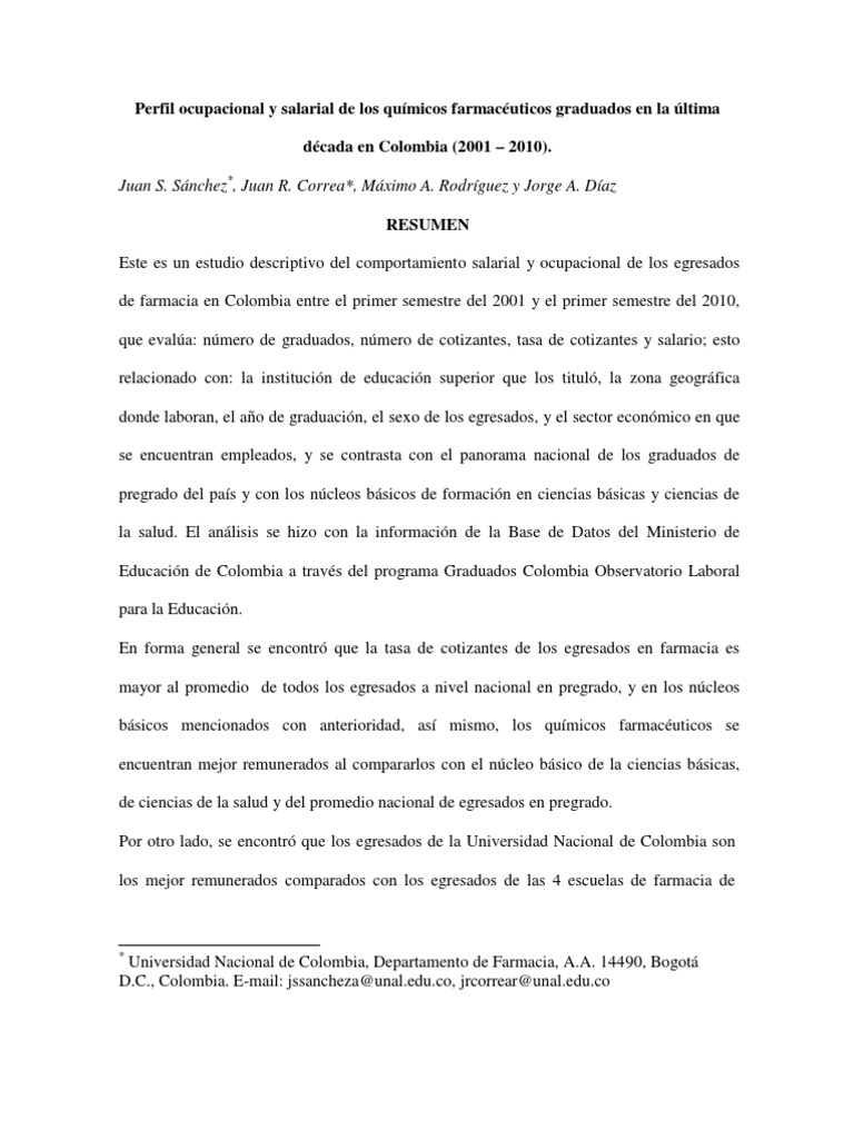 Perfil Ocupacional y Salarial de Los Químicos Farmacéuticos Graduados en La  Última Década en Colombia (2001 - 2010) | PDF | Farmacia | Educación más  alta