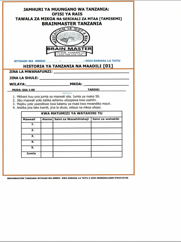 Brainmaster Tanzania G3 Historia Ya Tanzania Na Maadili 2024 | PDF