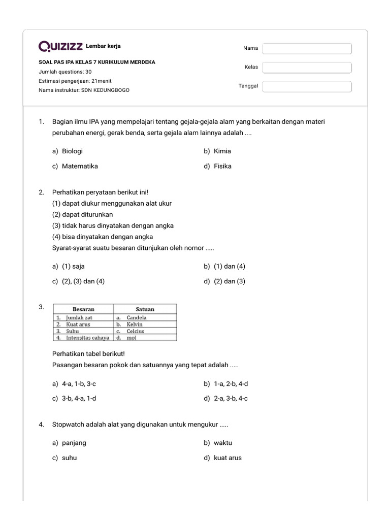 Soal Pas Ipa Kelas 7 Kurikulum Merdeka Quizizz Pdf