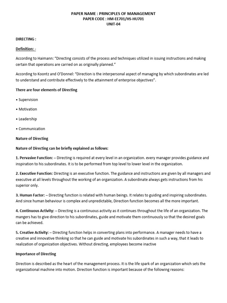 Principles of Management: Directing & Motivation | PDF | Leadership ...