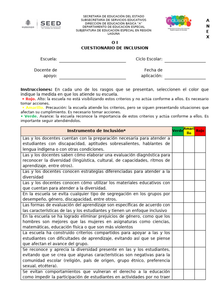 ANEXO I. CUESTIONARIO DE INCLUSION nvo | PDF | Escuelas | Enseñando