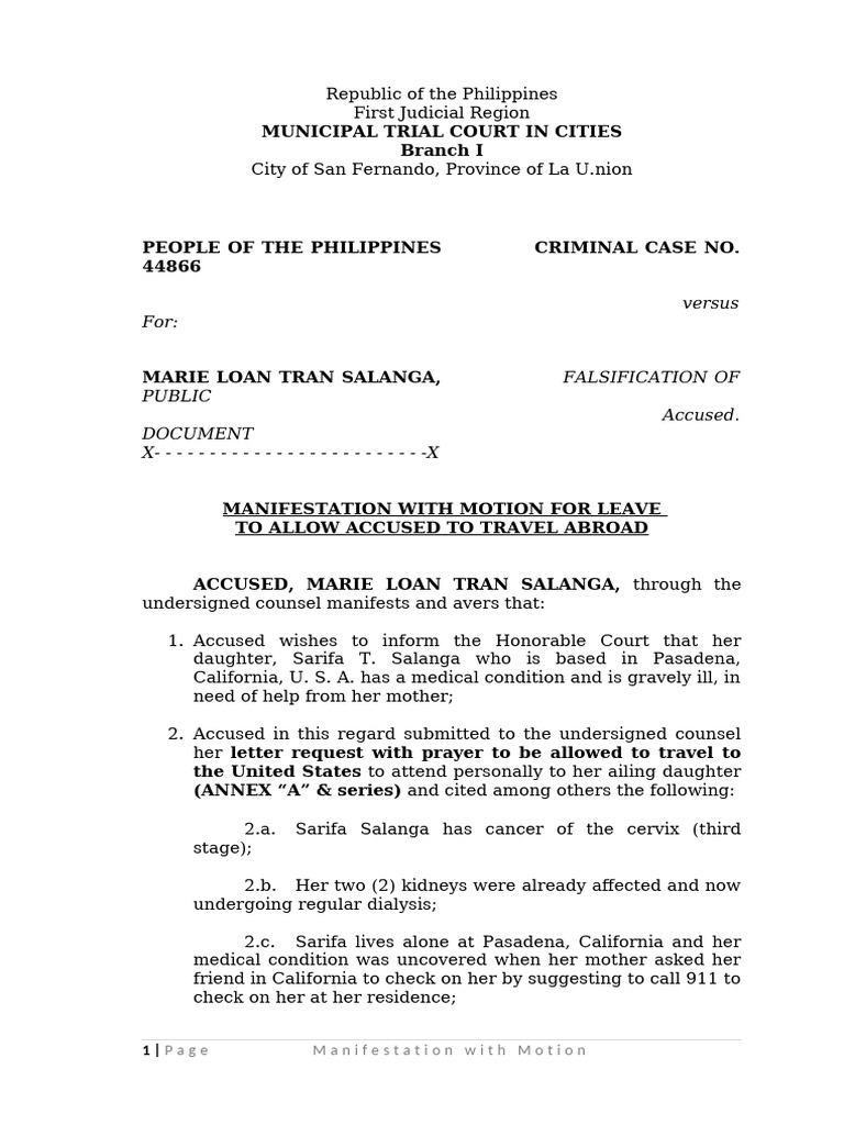 Motion to Travel Abroad for Medical Reasons | PDF | Justice | Crime ...