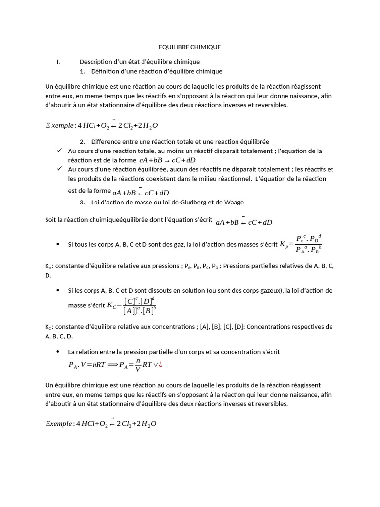 Définition et Exemples d'Équilibre Chimique | PDF | Équilibre chimique ...