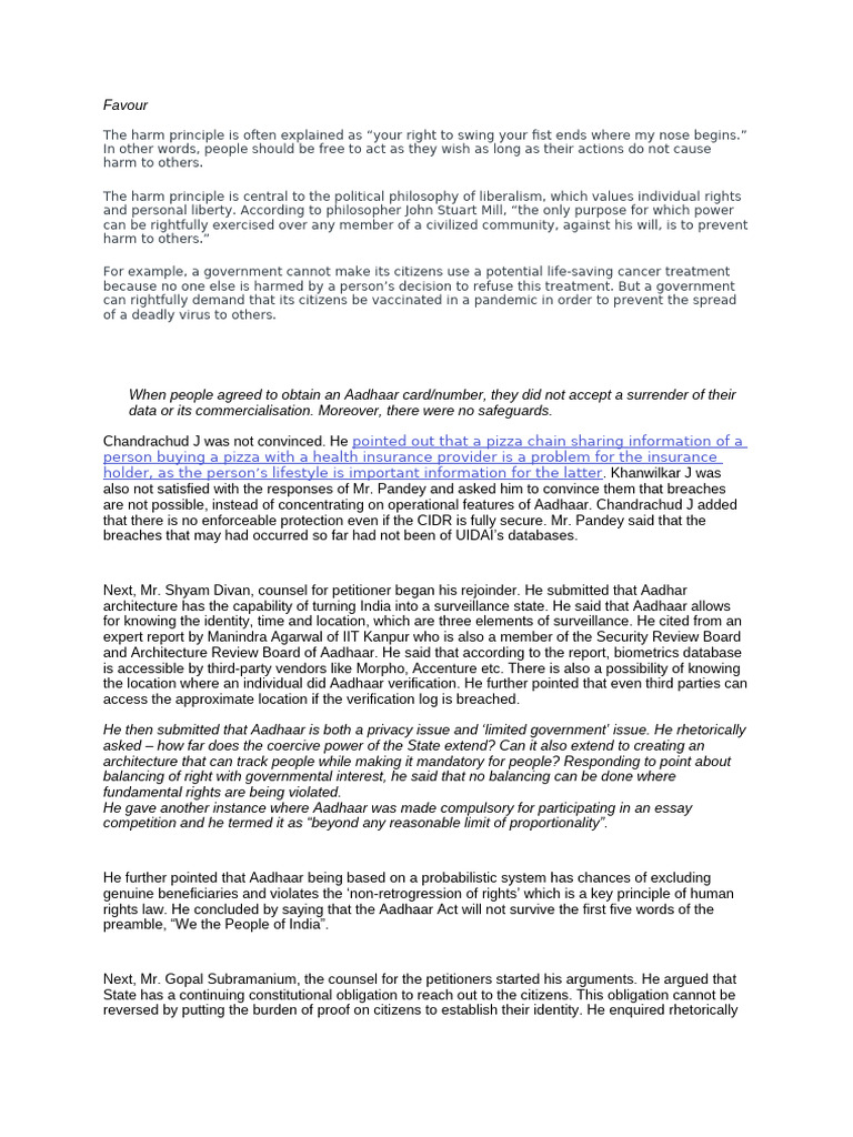 The Harm Principle and Aadhaar Controversy | PDF | Privacy | Freedom Of ...