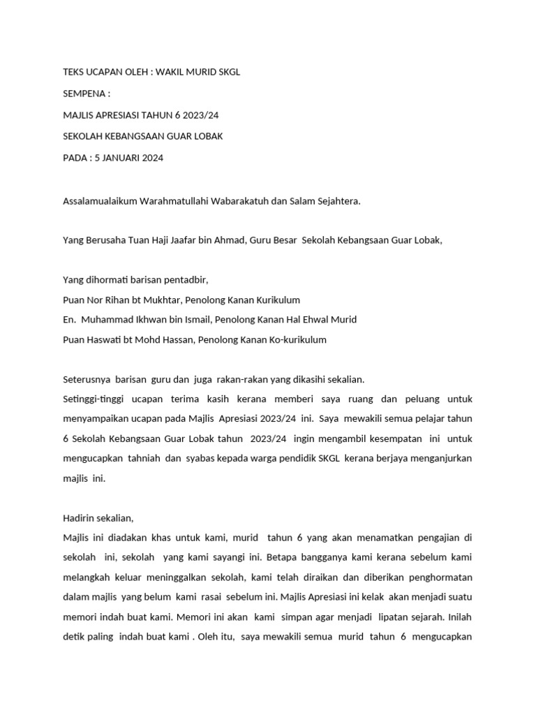 Ucapan Apresiasi Murid Tahun 6 | PDF | Karier & Perkembangan
