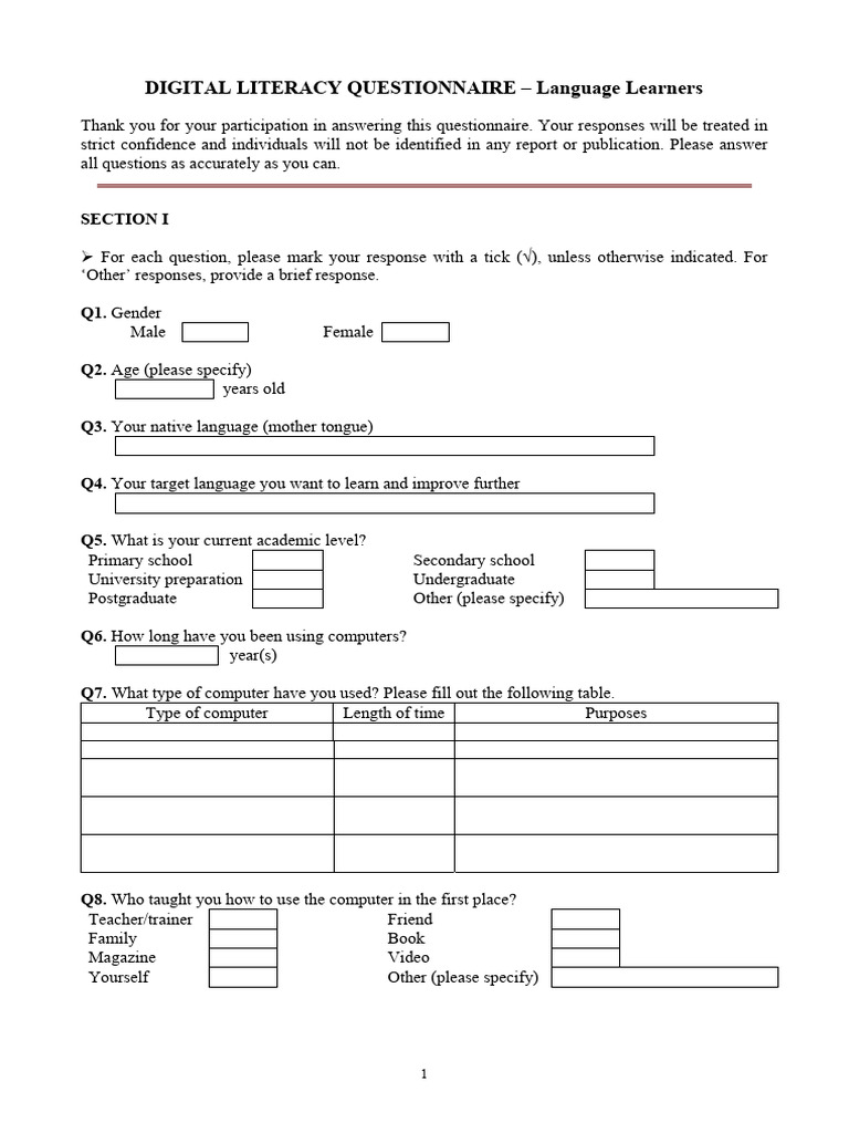 Digital Literacy Questionnaire for Learners | PDF | Application ...